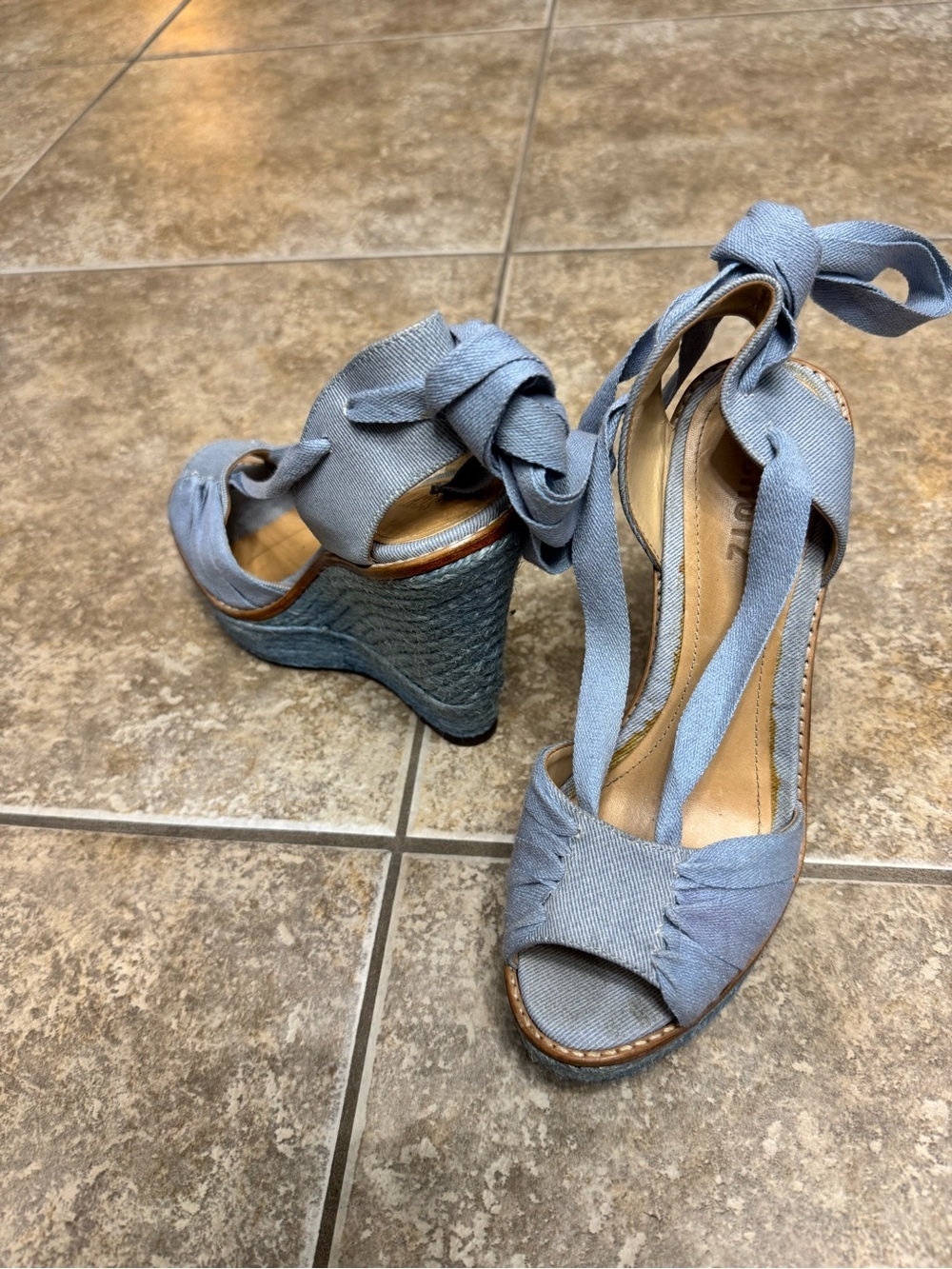 SCHUTZ Light Blue Denim Peep-Toe Wedge Sandals with Ankle Wraps - Picture 3 of 11